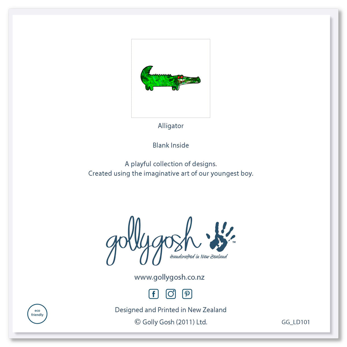 The back cover of our colourful kids alligator drawing on a white background greeting card from Golly Gosh Creations. A fun kids card for any occassion.