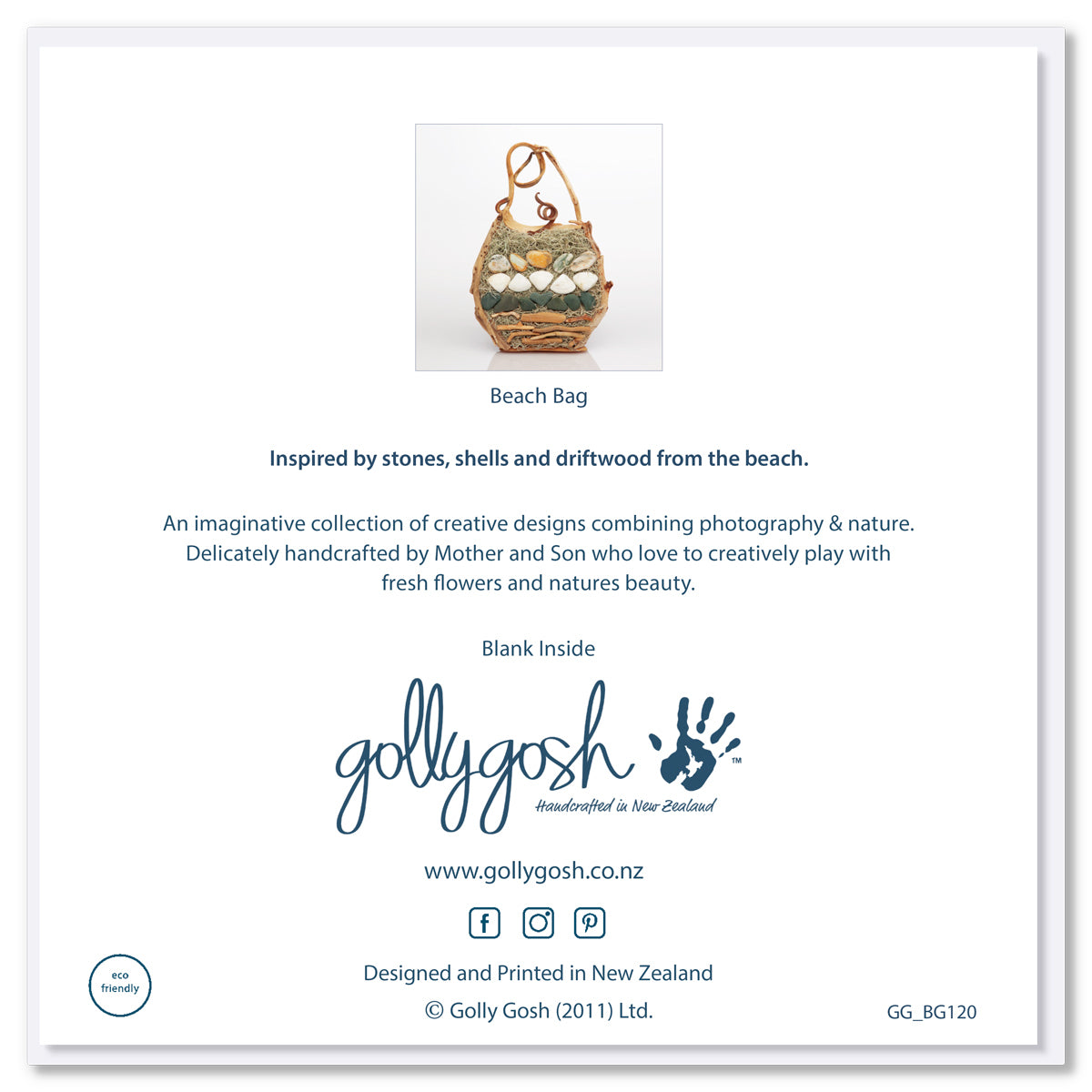 The back cover of our intriguing beach bag greeting card from Golly Gosh Creations.