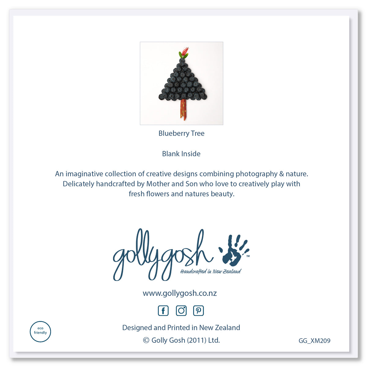 This is the back of a blueberry tree Christmas card from Golly Gosh Creations. Crafted from juicy blueberries this is a quality square card.