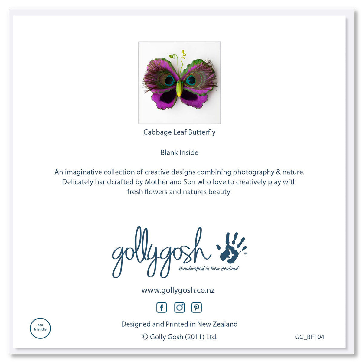 Image of the back of a quality greeting card found at Golly Gosh Creations. Created from cabbage leaves and peacock feathers. Size 142 x 142 mm