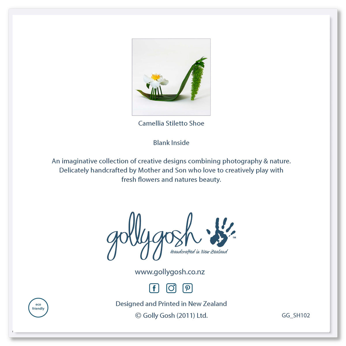Image of the back of a quality greeting card from Golly Gosh Creations This elegant camellia stiletto shoe is created from fresh flowers on a white background.