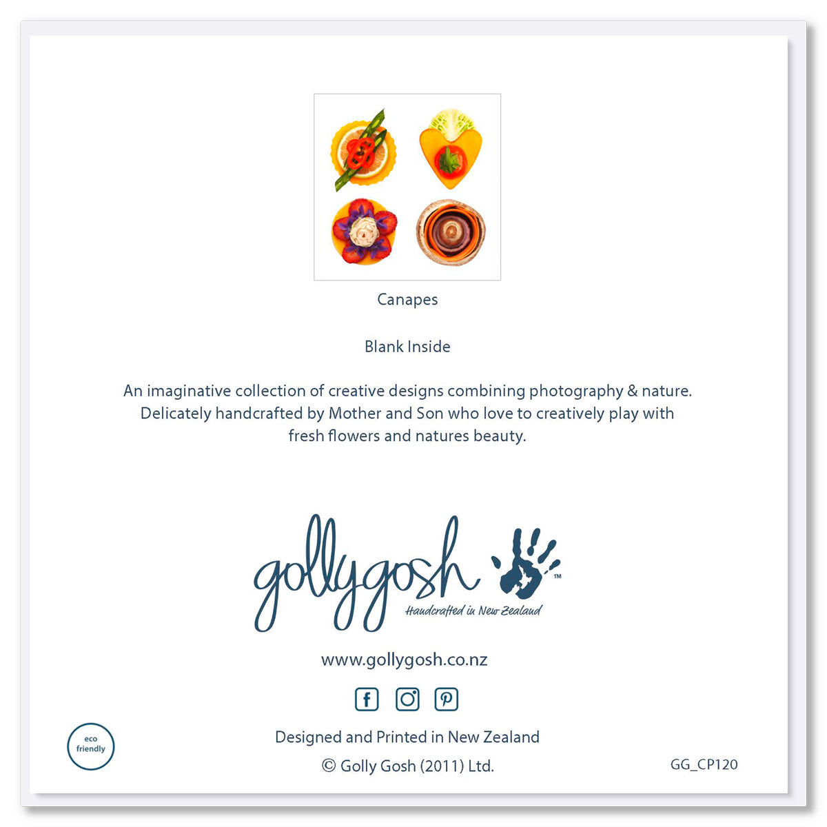 The back of a quality greeting card from Golly Gosh Creations. A fun handcrafted canapés design.
