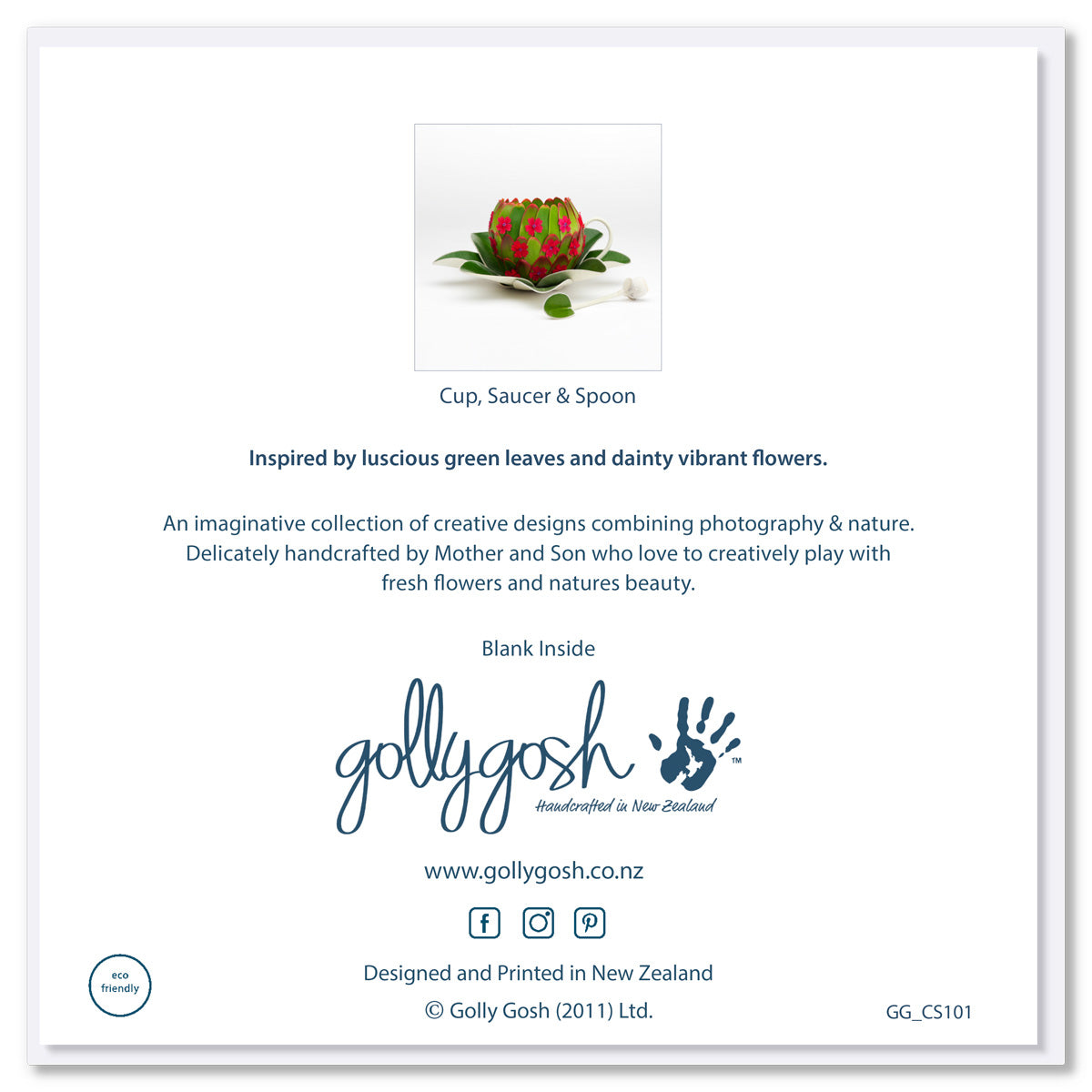 Back cover of a cup, saucer and spoon greeting card from Golly Gosh Creations. A delicate handcrafted design.