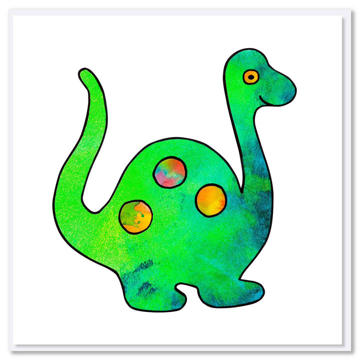 Colourful kids drawing of a dinosaur on a white background. A quality greeting card found at Golly Gosh Creations. Size 142 x 142mm.