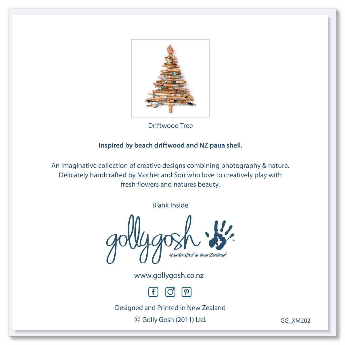 Back cover of a driftwood Christmas tree card with delicate paua shell pieces from Golly Gosh Creations. A quality square card.