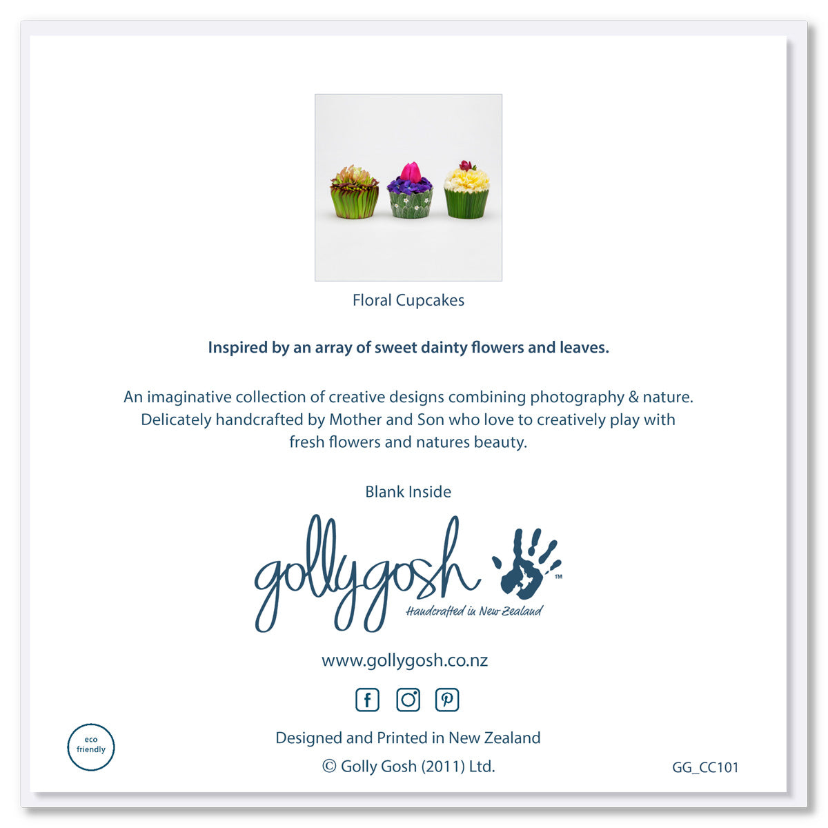 Back of a floral cupcakes greeting card from Golly Creations. A quality square card.