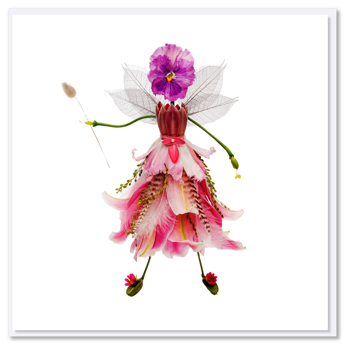 An enchanting flower fairy greeting card found at Golly Gosh Creations. Created from dainty pink and pastel blooms. Size 142 x 142 mm