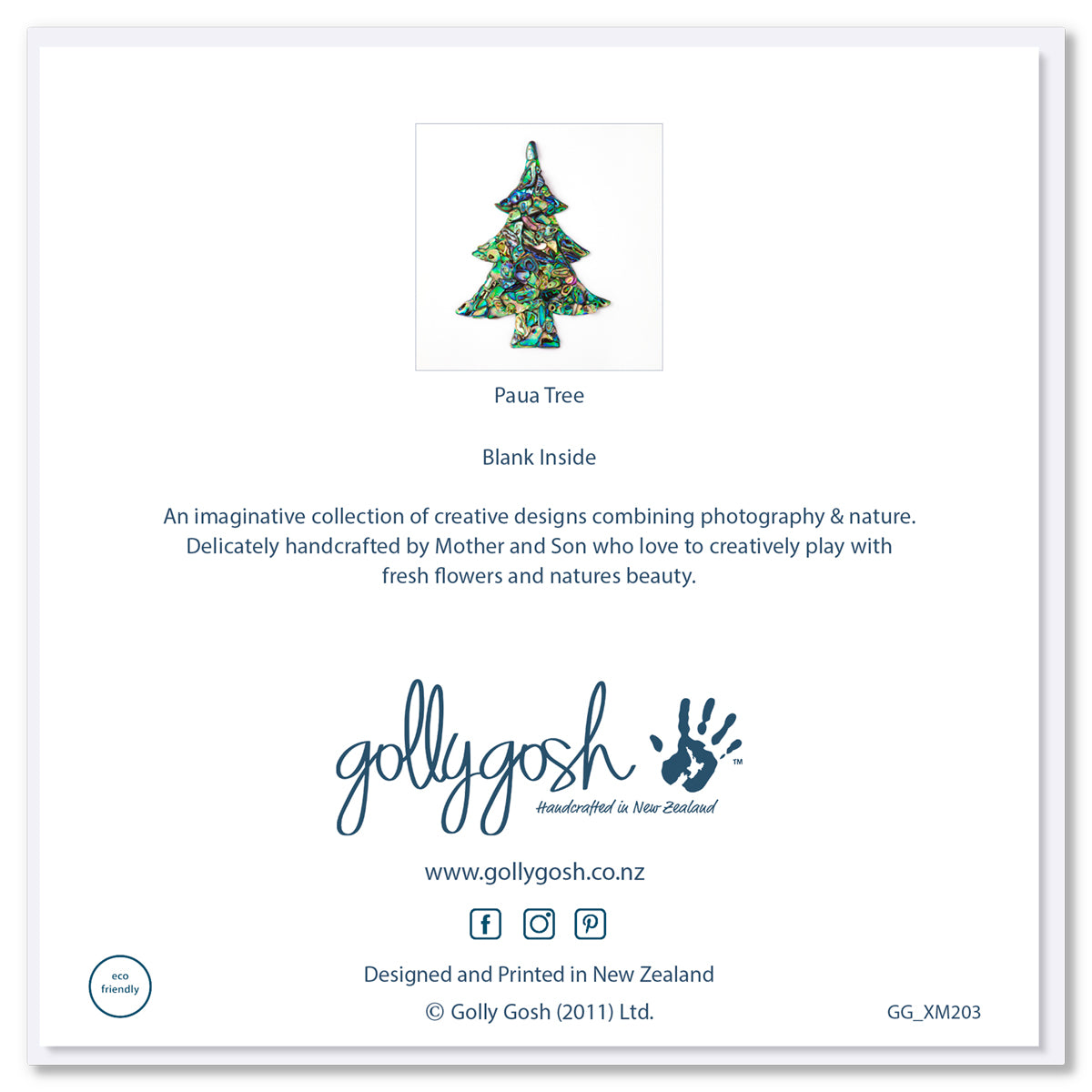The back cover of a paua shell tree Christmas greeting card from Golly Gosh Creations. Crafted from sparkly paua shell pieces on a white background.