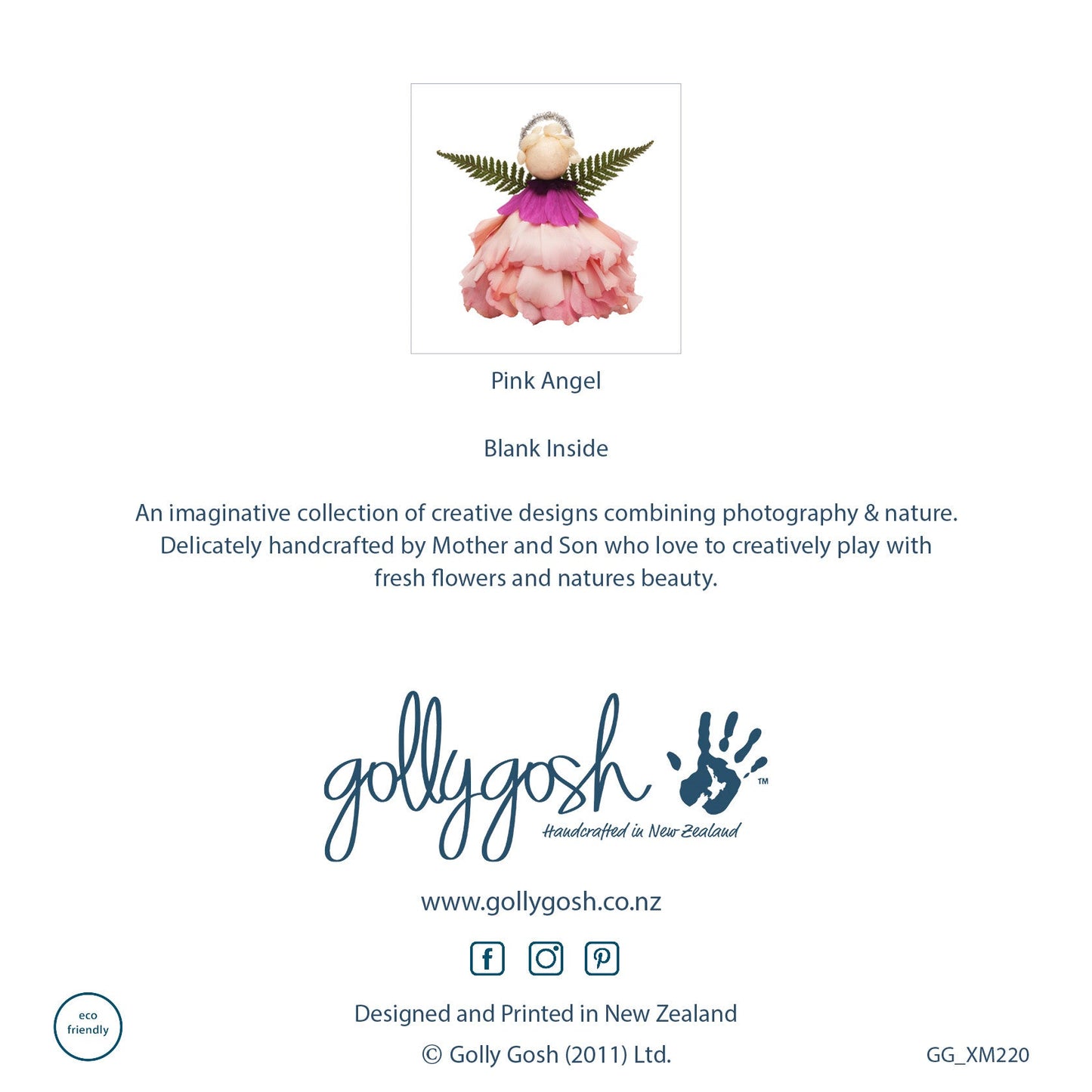 The back of a pretty pink rose flower angel Christmas card. Created from fresh flowers on a white background. This quality square card is from Golly Gosh Creations.