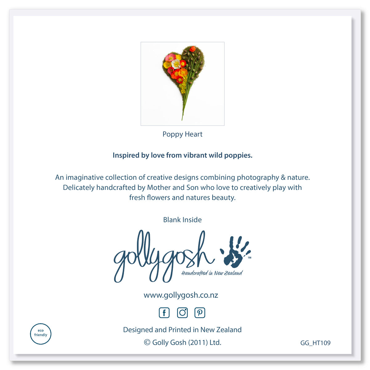 Back of a poppy heart greeting card from Golly Gosh Creations. Size 142 x 142mm. This handcrafted moss heart is adorned with vibrant wild poppies and buds.