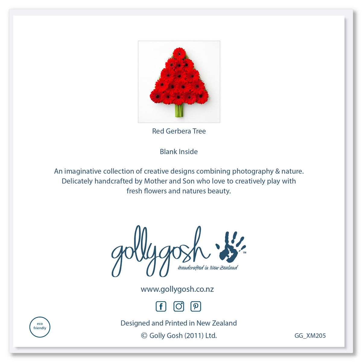 The back of a striking red gerbera Christmas tree greeting card on a white background, available at Golly Gosh Creations.Size 142 x 142mm.