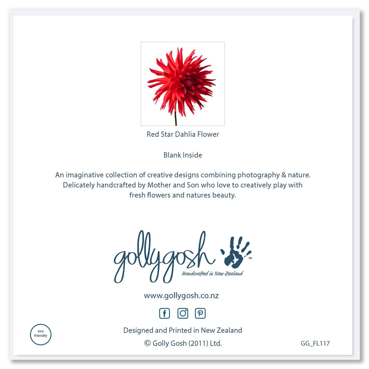 Back of a striking red star dahlia flower greeting card found at Golly Gosh Creations. Size 142 x 142 mm.