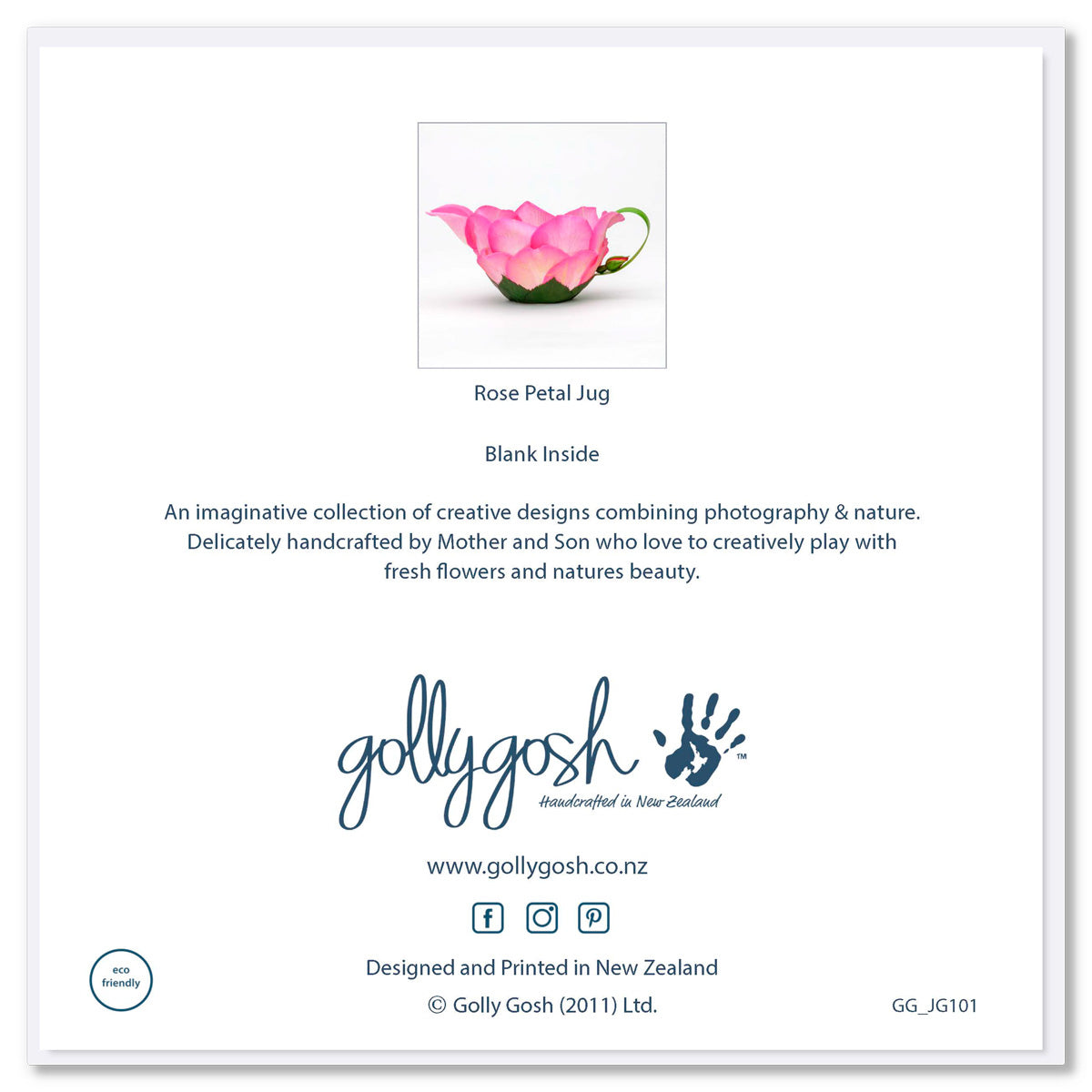 Back cover of a rose petal jug greeting card by Golly Gosh Creations. Created from vibrant pink rose petals and a dainty rose bud. Size 142 x 142 mm.
