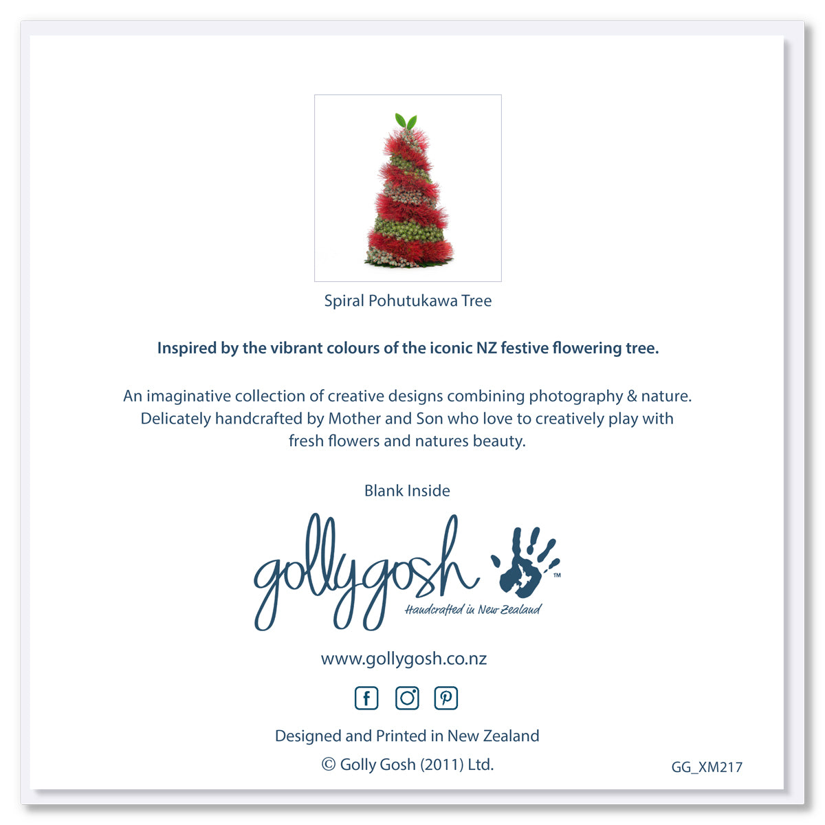 The back of a Christmas card from Golly Gosh Creations. Size 142 x 142m. This spiral pohutukawa tree was created from the iconic NZ festive flowering tree.