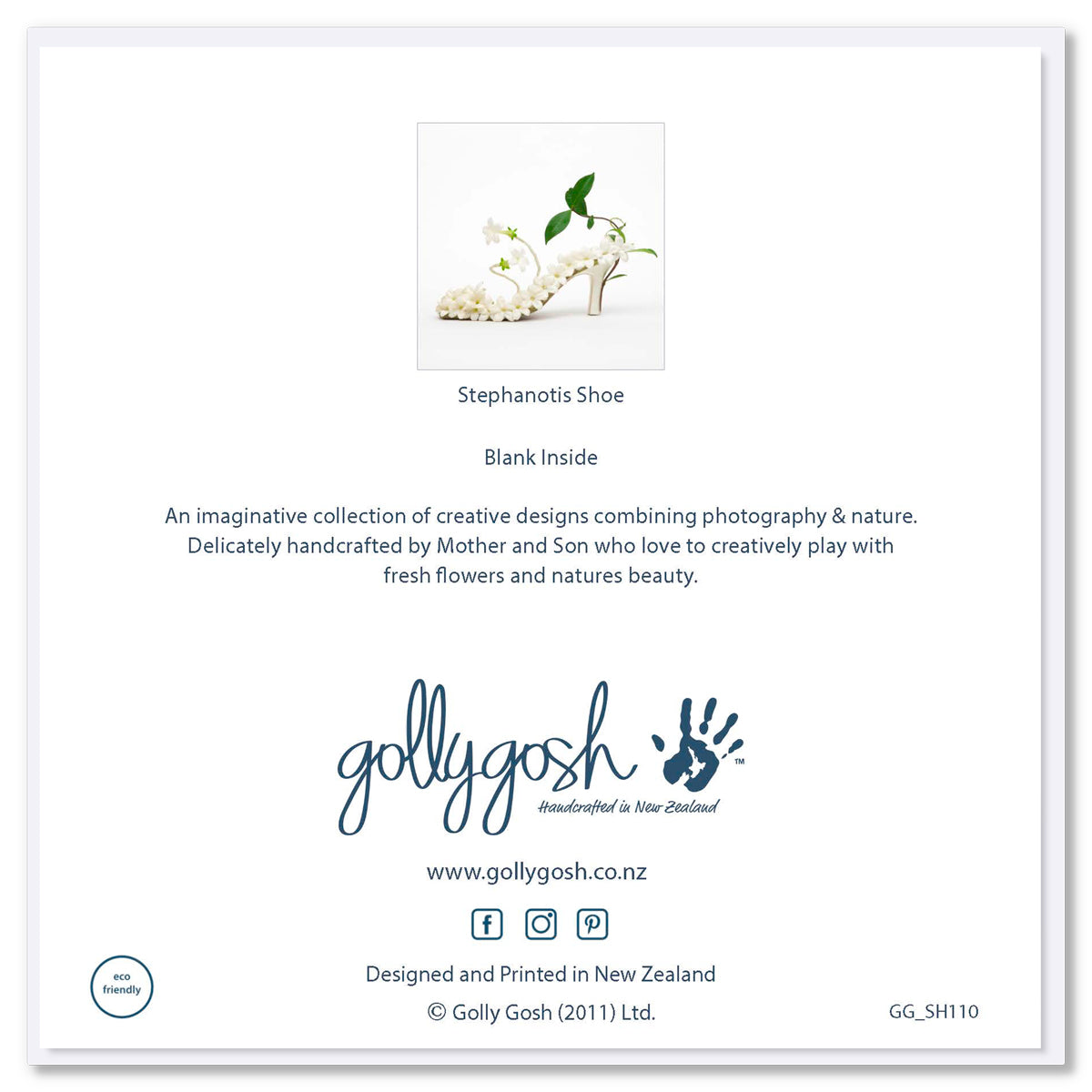 Back cover of a stephanotis shoe greeting card found at Golly Gosh Creations. Size 142 x 142 mm. Created from white stephanotis blooms on a white background.