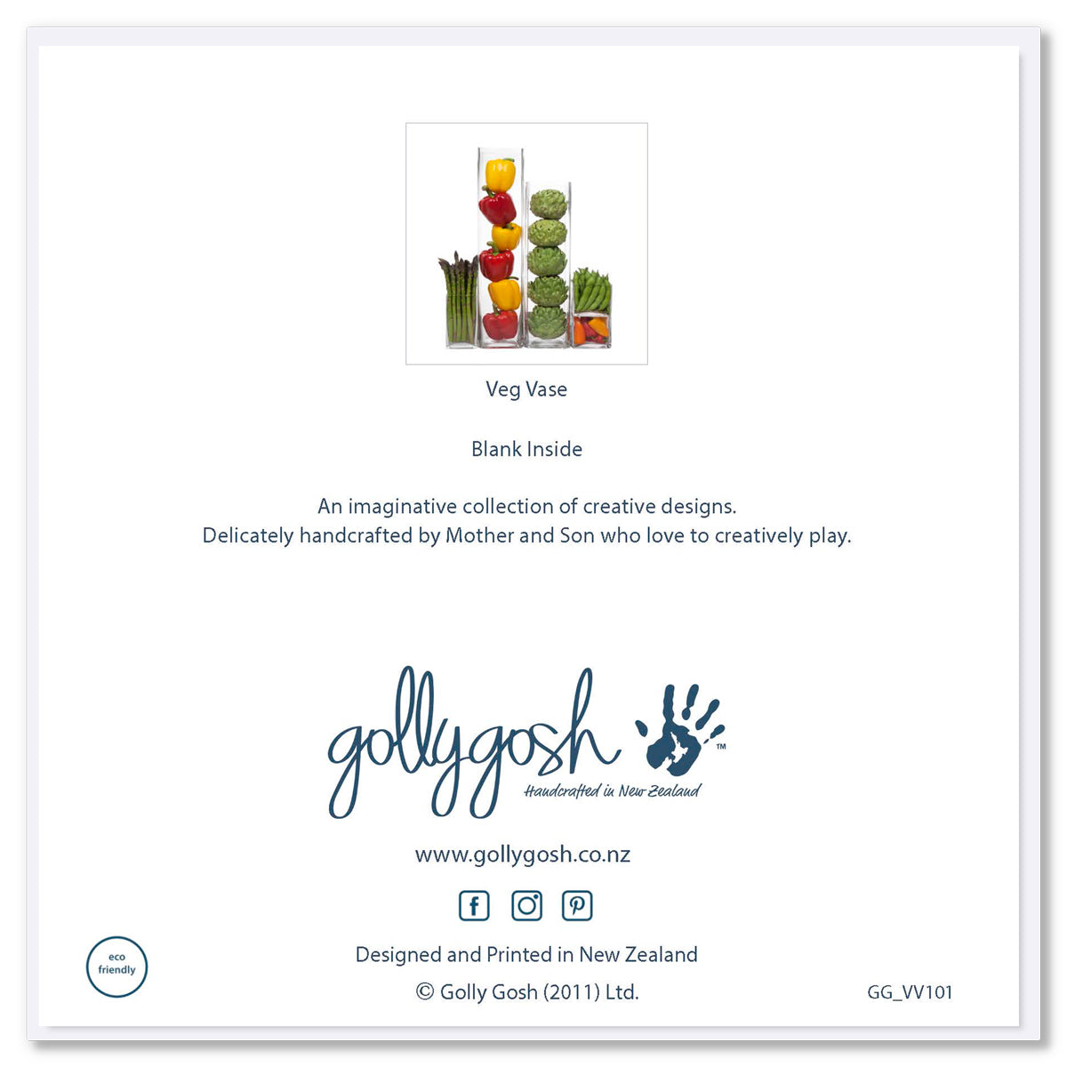 The back of a veg vases greeting card from Golly Gosh Creations. Size 142 x 142 mm. A colourful arrangement of vegetables in various size vases.