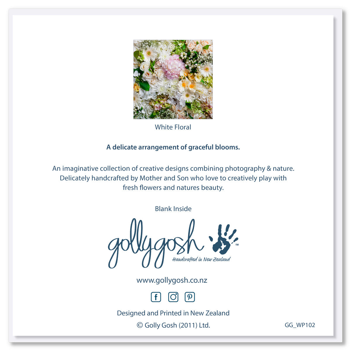 The back cover of our white floral greeting card. Created from white flowers, accompanied by soft pink and green hydrangeas and apricot coloured roses. Size 142 x 142mm. A quality greeting card found at Golly Gosh Creations.