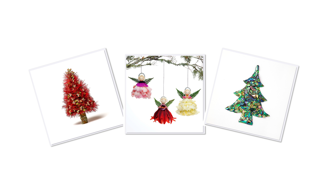 Golly Gosh Christmas greeting cards featuring Pohutukawa tree, Trio of Angels, and Paua tree designs