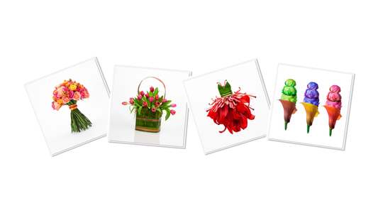 Four Golly Gosh wholesale greeting card designs featuring roses, tulips, and lilies, arranged for spring