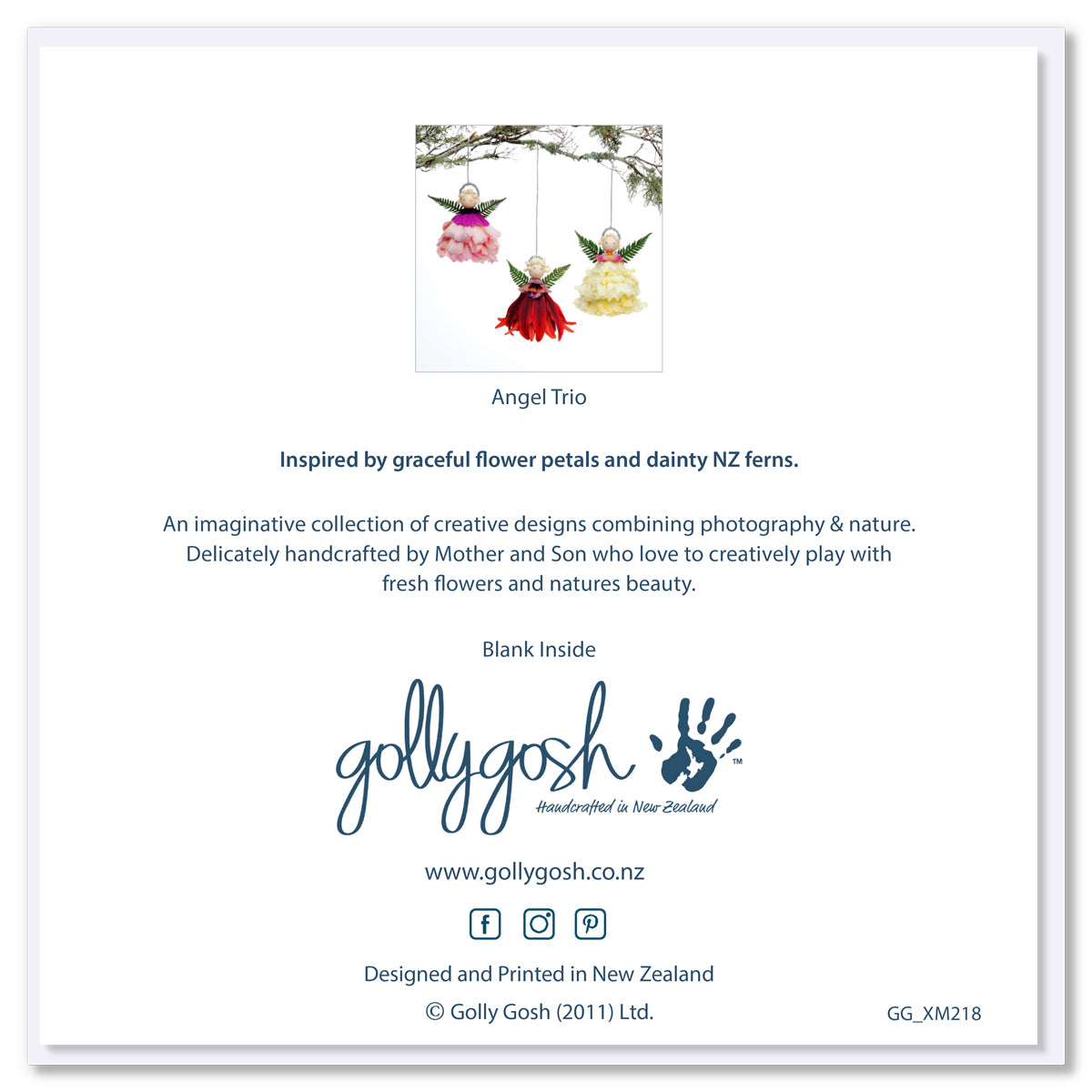 The back cover of a Festive trio of angels square greeting card. Crafted delicately  from fresh flowers on a white background. Found at Golly Gosh Creations. 