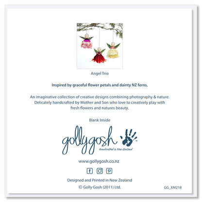 The back cover of a Festive trio of angels square greeting card. Crafted delicately  from fresh flowers on a white background. Found at Golly Gosh Creations. 