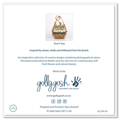 The back cover of our intriguing beach bag greeting card from Golly Gosh Creations.