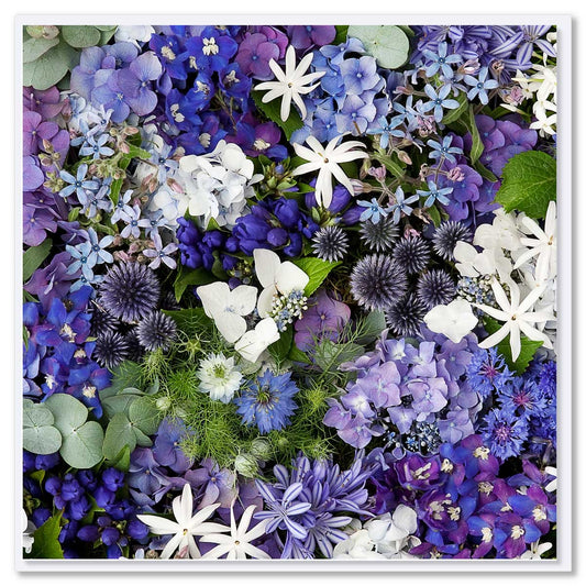 A beautiful blue and white floral arrangement with green leaves. Size 142 x 142mm. A quality greeting card found at Golly Gosh Creations.