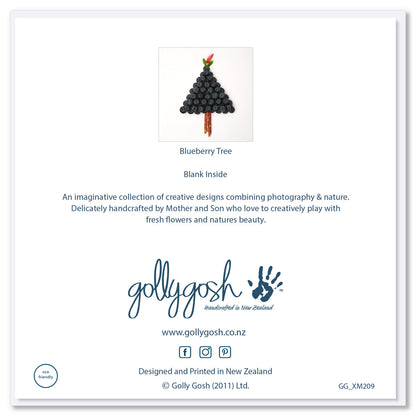 This is the back of a blueberry tree Christmas card from Golly Gosh Creations. Crafted from juicy blueberries this is a quality square card.