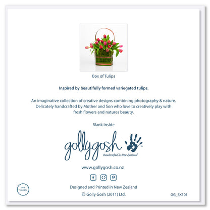 Back cover of our pretty pink tulips in a carry box greeting card. From Golly Gosh Creations. Size 142 x 142mm. 