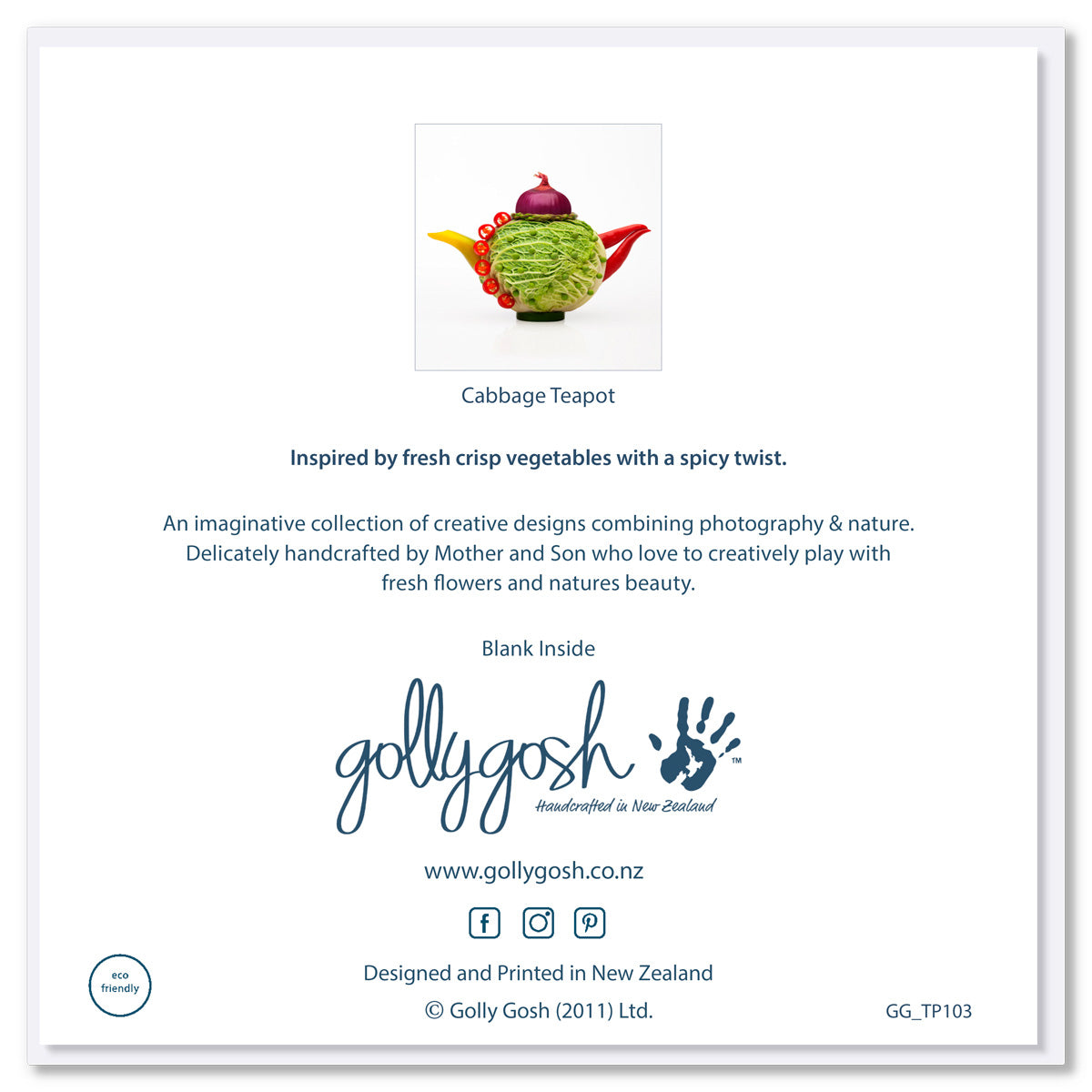 Image of the back cover of a fun cabbage teapot greeting card from Golly gosh Creations. 