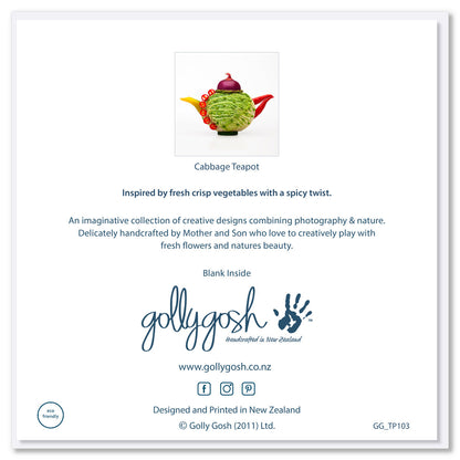 Image of the back cover of a fun cabbage teapot greeting card from Golly gosh Creations. 