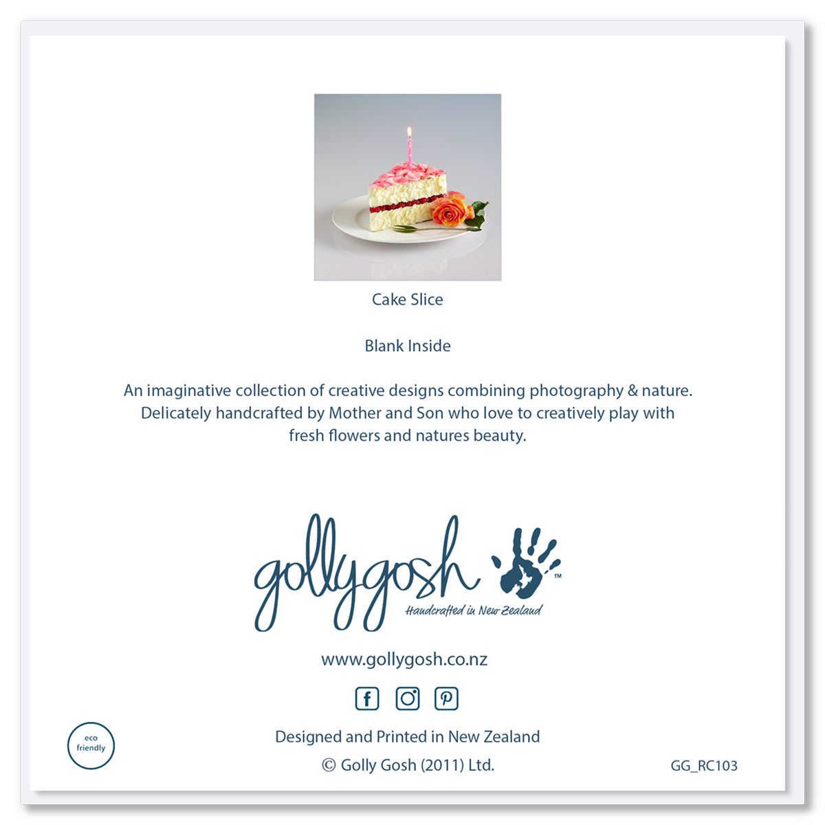 Back of Golly Gosh Cake Slice greeting card displaying floral birthday cake image, blank inside note, description of handcrafted Mother and Son collection, branding, website and social details, and eco-friendly certification.