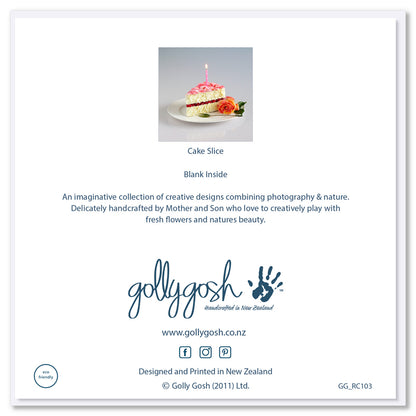 Back of Golly Gosh Cake Slice greeting card displaying floral birthday cake image, blank inside note, description of handcrafted Mother and Son collection, branding, website and social details, and eco-friendly certification.
