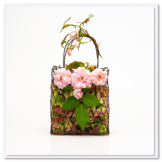 An elegant cecile brunner rose bag greeting card, with luscious petals on a white background. Size Size 142 x 142mm. Found at Golly Gosh Creations.