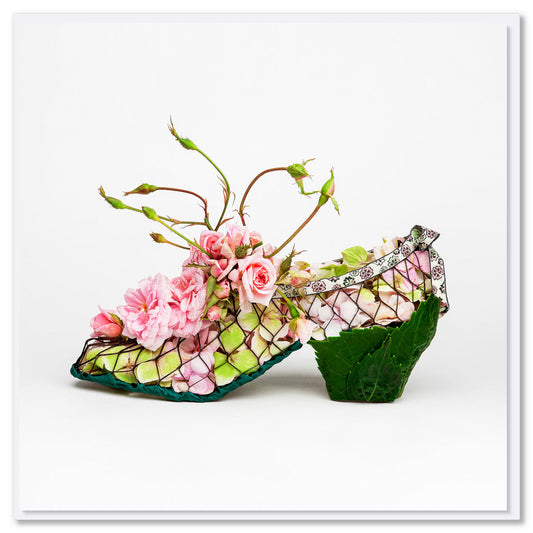 A pretty cecile brunner mesh shoe greeting card from Golly Gosh Creations. Created from fresh flowers on a white background. Size 142 x 142 mm
