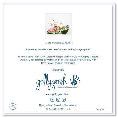 Back cover of a pretty cecile brunner mesh shoe greeting card from Golly Gosh Creations.  Square format.