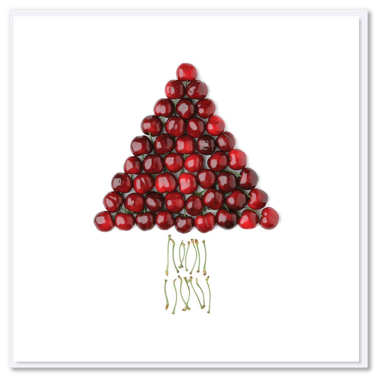 A creative cherry tree Christmas greeting card on a white background. Size 142 x 142mm.This quality card is available at Golly Gosh Creations.