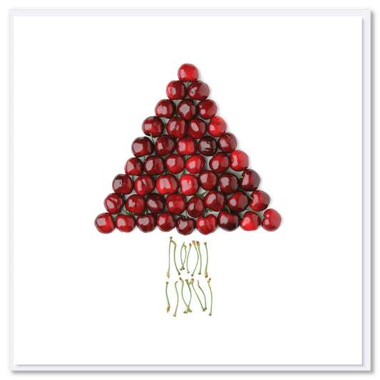 A creative cherry tree Christmas greeting card on a white background. Size 142 x 142mm.This quality card is available at Golly Gosh Creations.