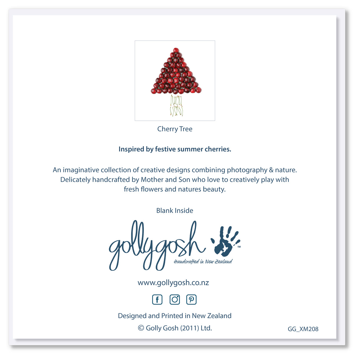 The back cover of our delicious cherry tree christmas greeting card from Golly Gosh Creations. Created from fresh cherries on a white background.