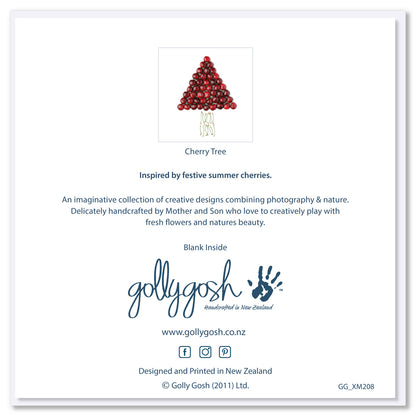 The back cover of our delicious cherry tree christmas greeting card from Golly Gosh Creations. Created from fresh cherries on a white background.
