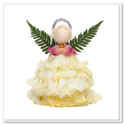 A soft cream rose flower angel Christmas greeting card from Golly Gosh Creations. Created from fresh flowers on a white background.