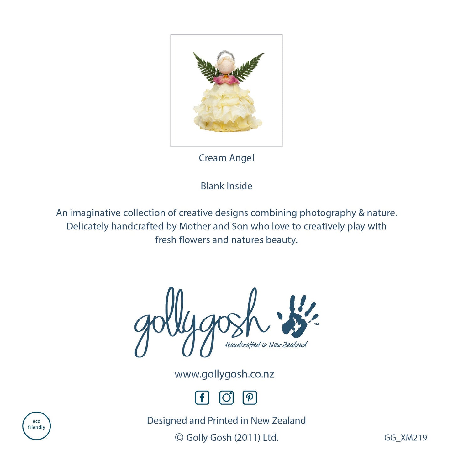 The back cover of a cream flower angel Christmas greeting card from Golly Gosh Creations. Created from fresh flowers on a white background.