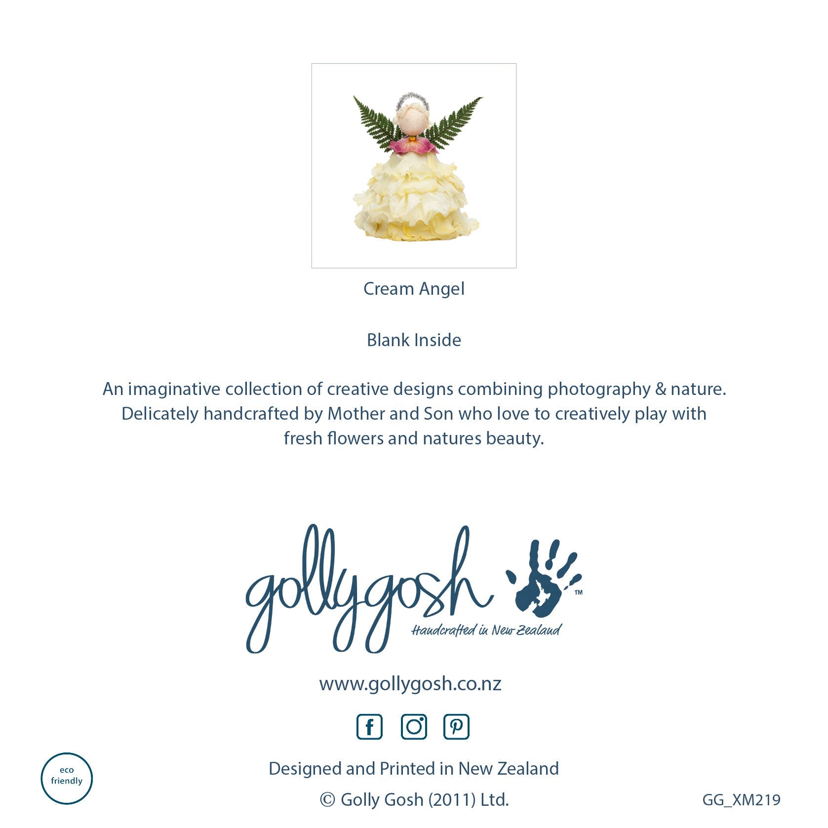 The back cover of a cream flower angel Christmas greeting card from Golly Gosh Creations. Created from fresh flowers on a white background.