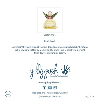 The back cover of a cream flower angel Christmas greeting card from Golly Gosh Creations. Created from fresh flowers on a white background.