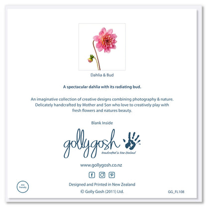Back of a beautiful greeting card from Golly Gosh Creations. Featuring an exquisite pink dahlia head and it's bud. Size 142 x 142 mm