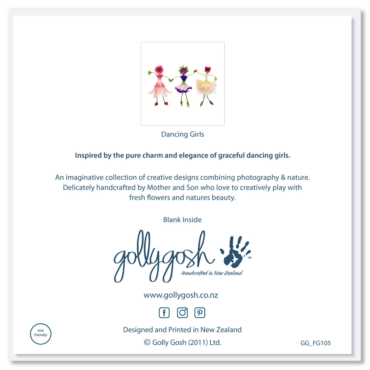 Back cover of dancing girls greeting card found at Golly Gosh Creations. Graceful ballerinas crafted from fresh delicate blossoms A generous square card.