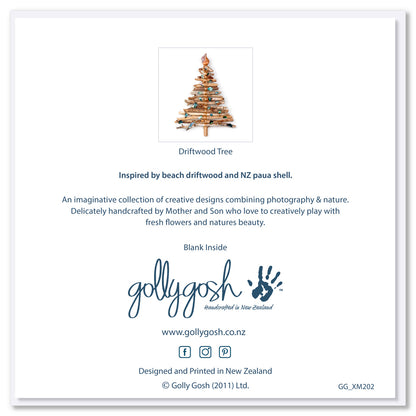 Back cover of a driftwood Christmas tree card with delicate paua shell pieces from Golly Gosh Creations.  A quality square card.