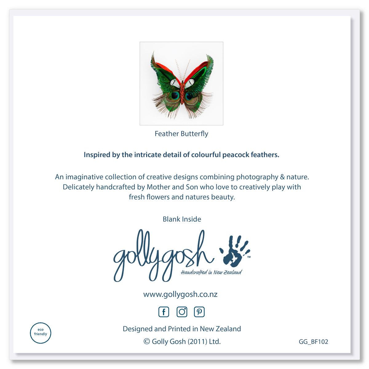 Back cover of a feather butterfly greeting card found at Golly Gosh Creations. Size 142 x 142 mm