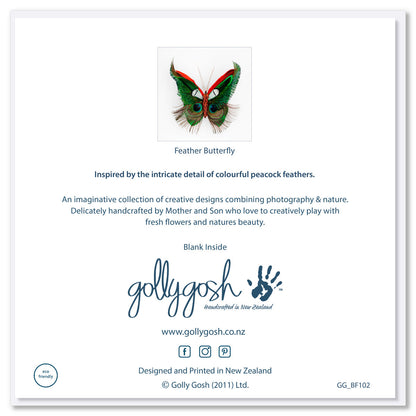 Back cover of a feather butterfly greeting card found at Golly Gosh Creations. Size 142 x 142 mm