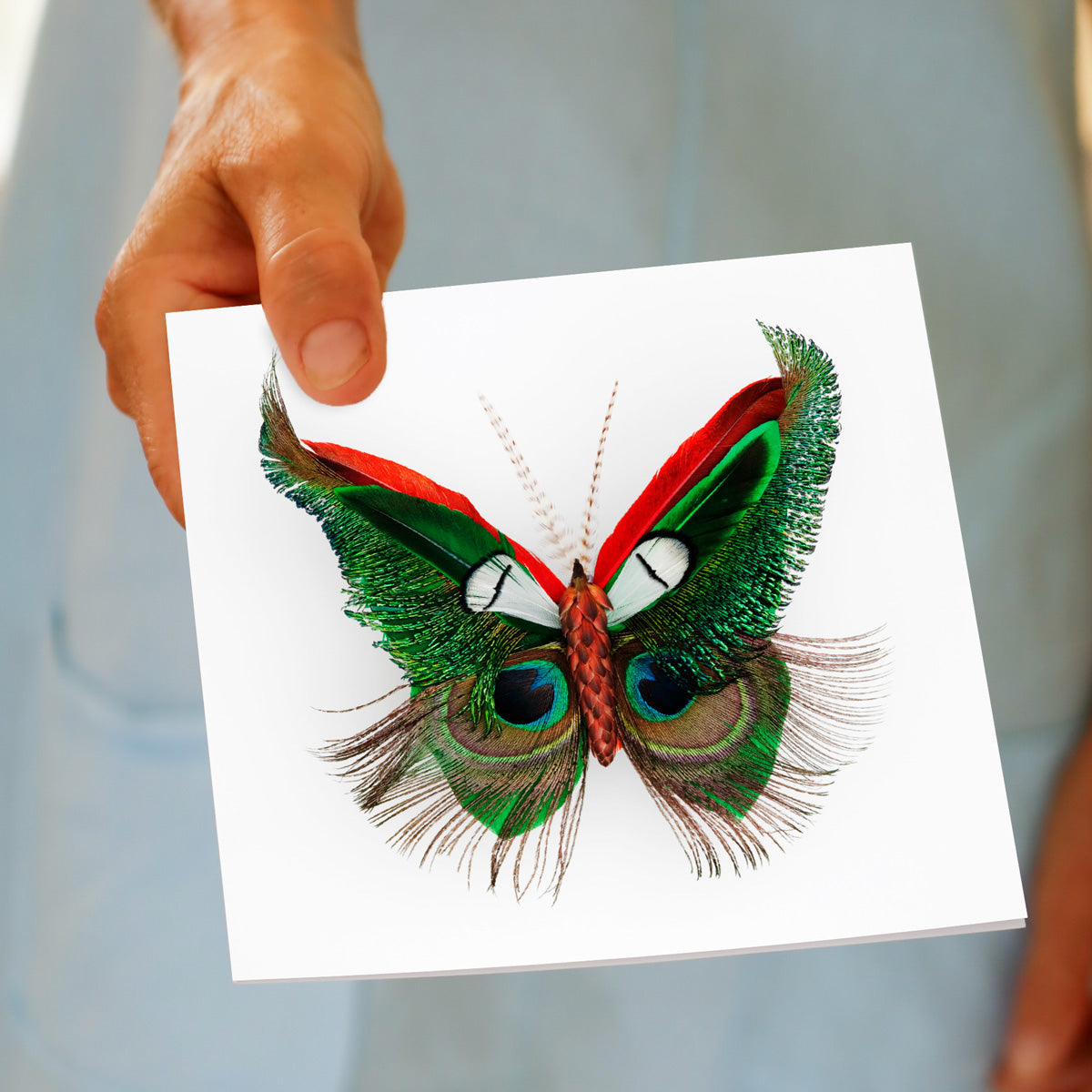 A colourful feather butterfly greeting card found at Golly Gosh Creations. This quality square card is crafted from vibrant peacock plumes.